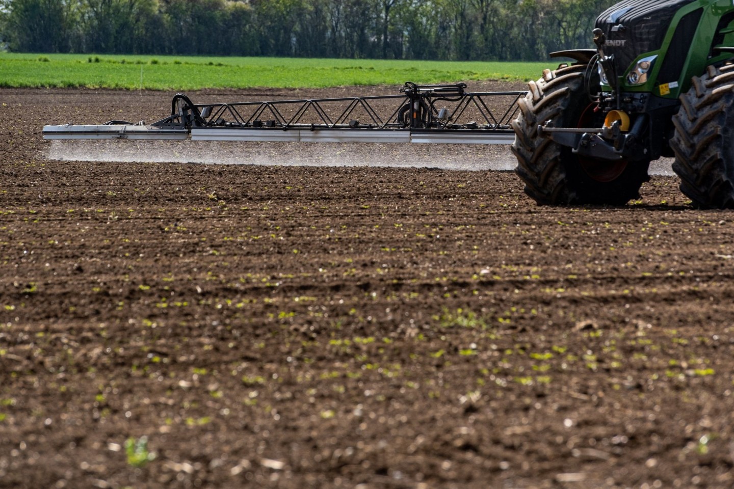 Ein Traktor bringt auf einem Acker Pflanzenschutzmittel aus.