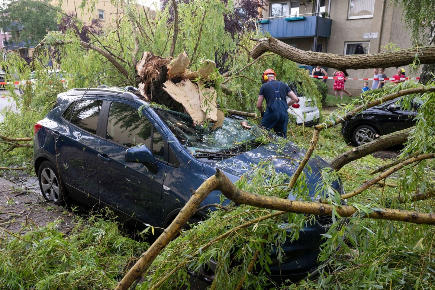 Nach einem schweren Unwetter räumen Feuerwehrleute Äste eines umgestürzten Baumes von geparkten Autos in Frankfurt am Main.