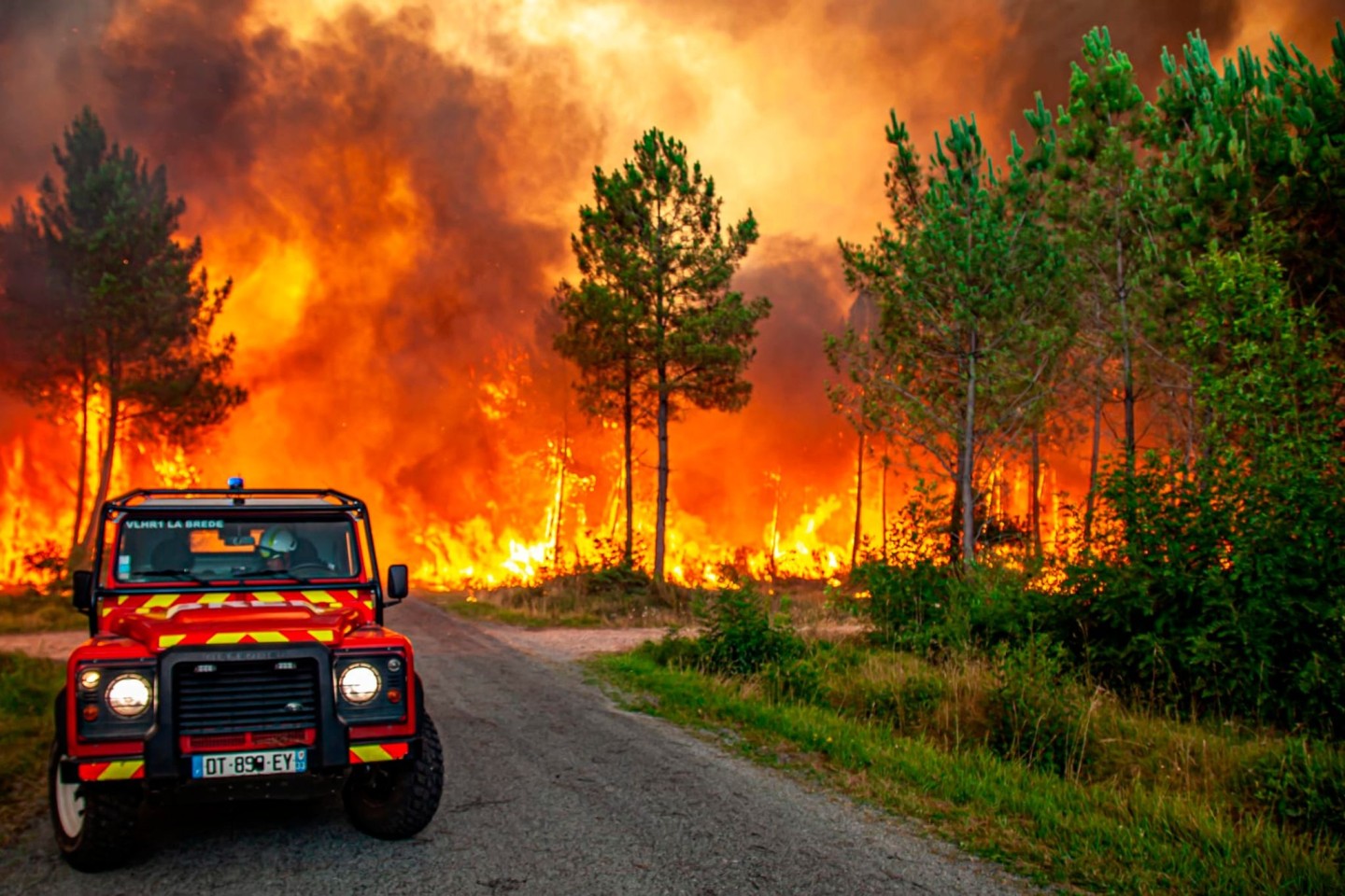 Flächenbrand in der Nähe von Landiras im Südwesten Frankreichs. Einsatzkräfte haben Tausende Menschen vor den sich ausbreitenden Flammen in Sicherheit gebracht.