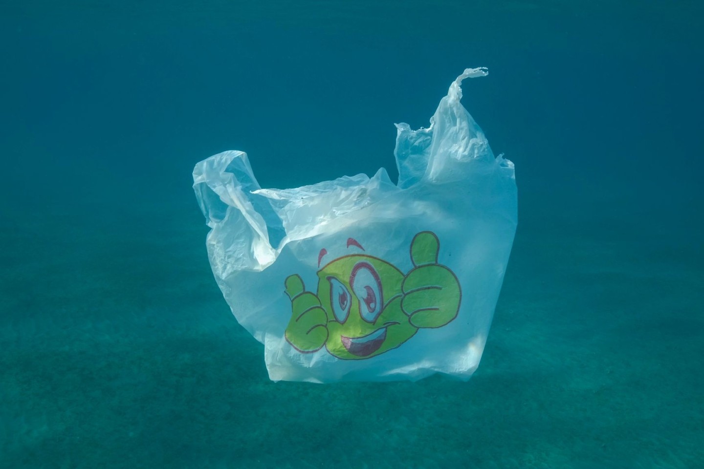 Eine weiße Plastiktüte treibt im Meer.