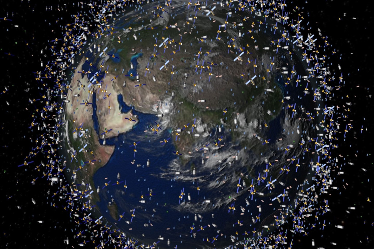 Das computergenerierte Bild der European Space Agency (ESA) zeigt Weltraummüll früherer Weltraummissionen, der neben intakten Satelliten um die Erde kreist.