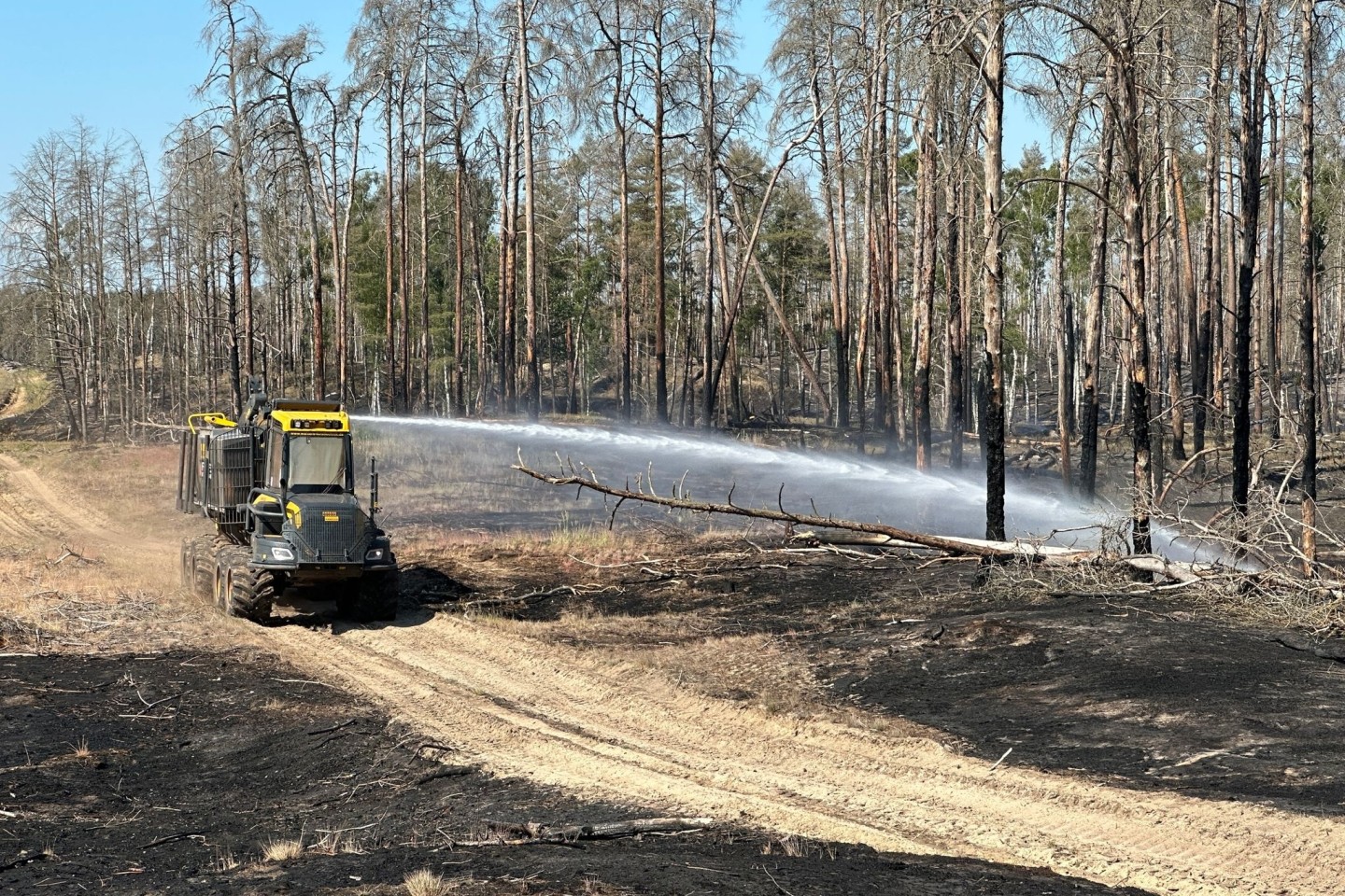 Ein Löschfahrzeug ist im Waldbrandgebiet bei Lübtheen im Einsatz.