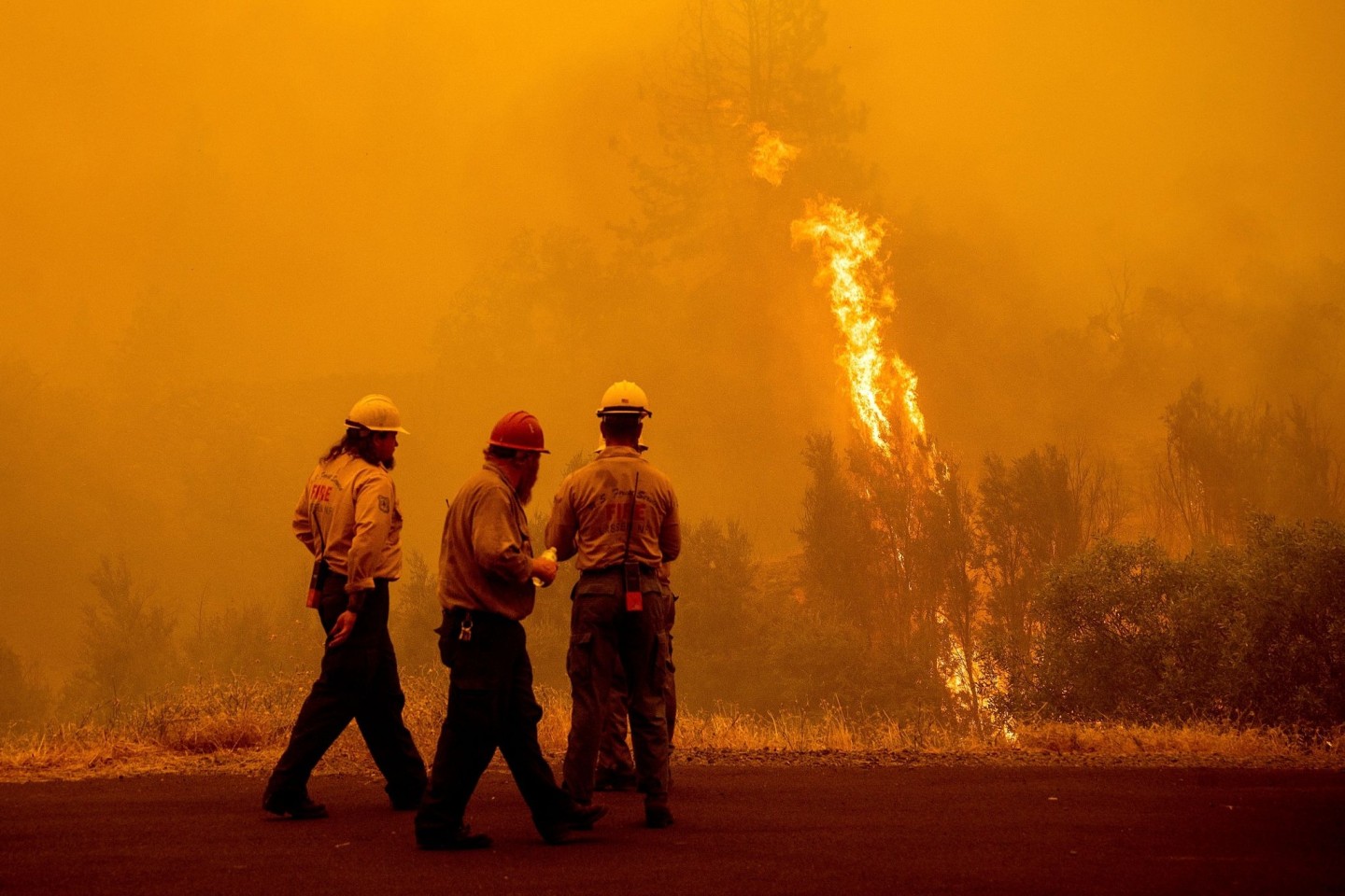 Feuerwehrleute stehen vor den Flammen des McKinney-Feuers im Klamath National Forest.