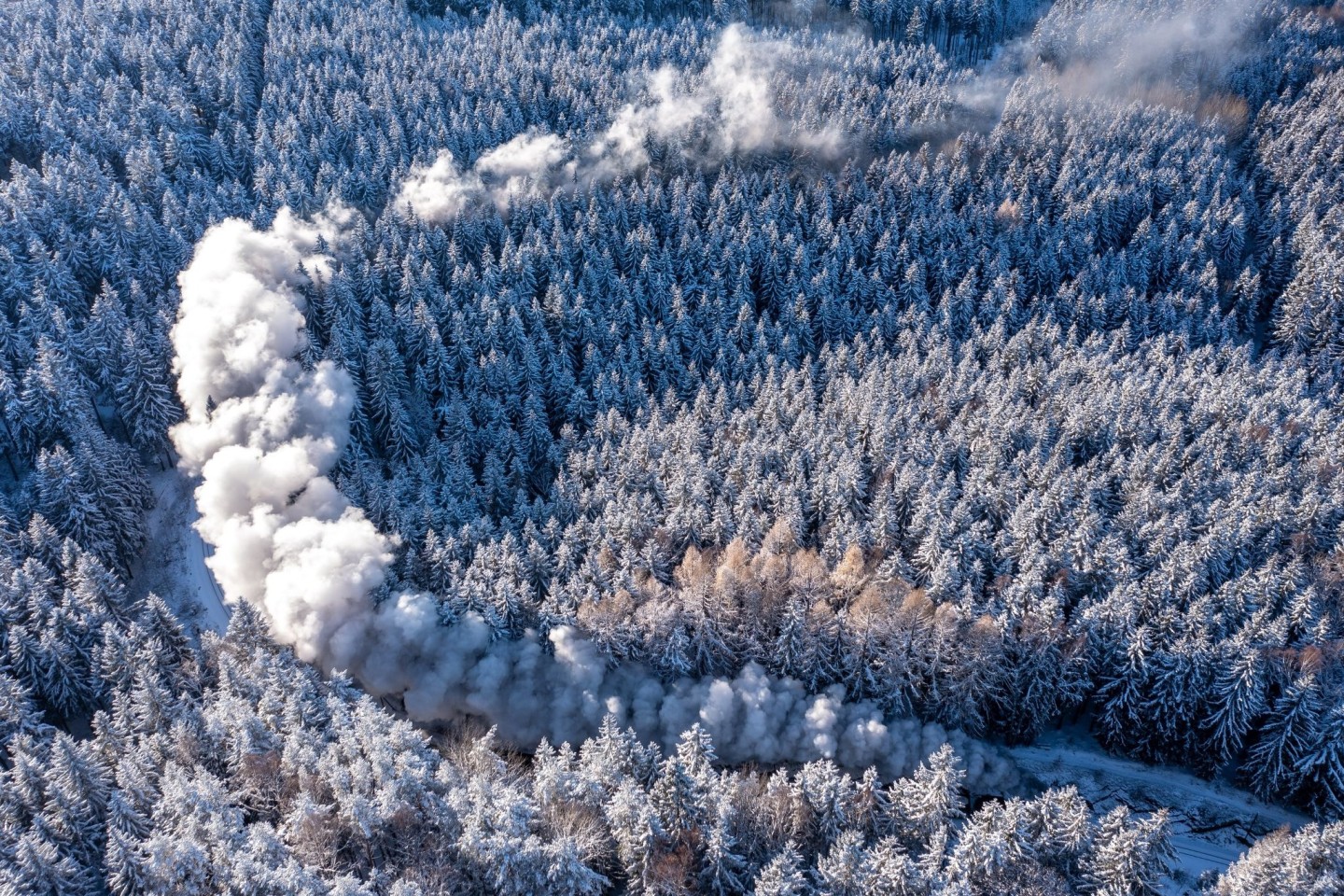 Die Fichtelbergbahn bahnt sich ihren Weg durch den verschneiten Winterwald im Erzgebirge.